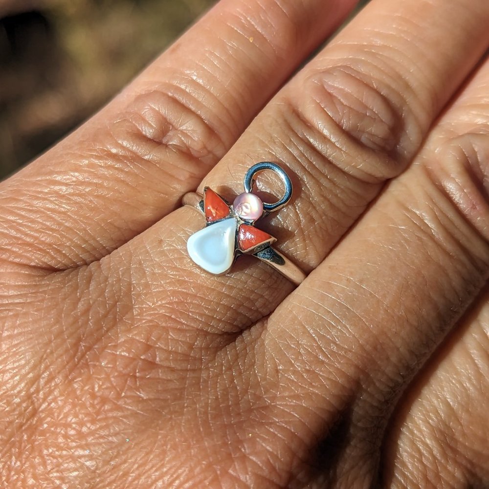 Zuni Mother‎ of Pearl Coral Inlay Ring Mini Angel Native Am Jewlery Sz 6.5***
